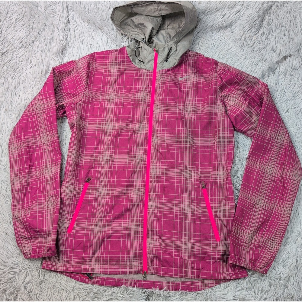 Nike Running Jacket Womens M Pink Hoodie Zip Up Windbreaker Swoosh Pockets